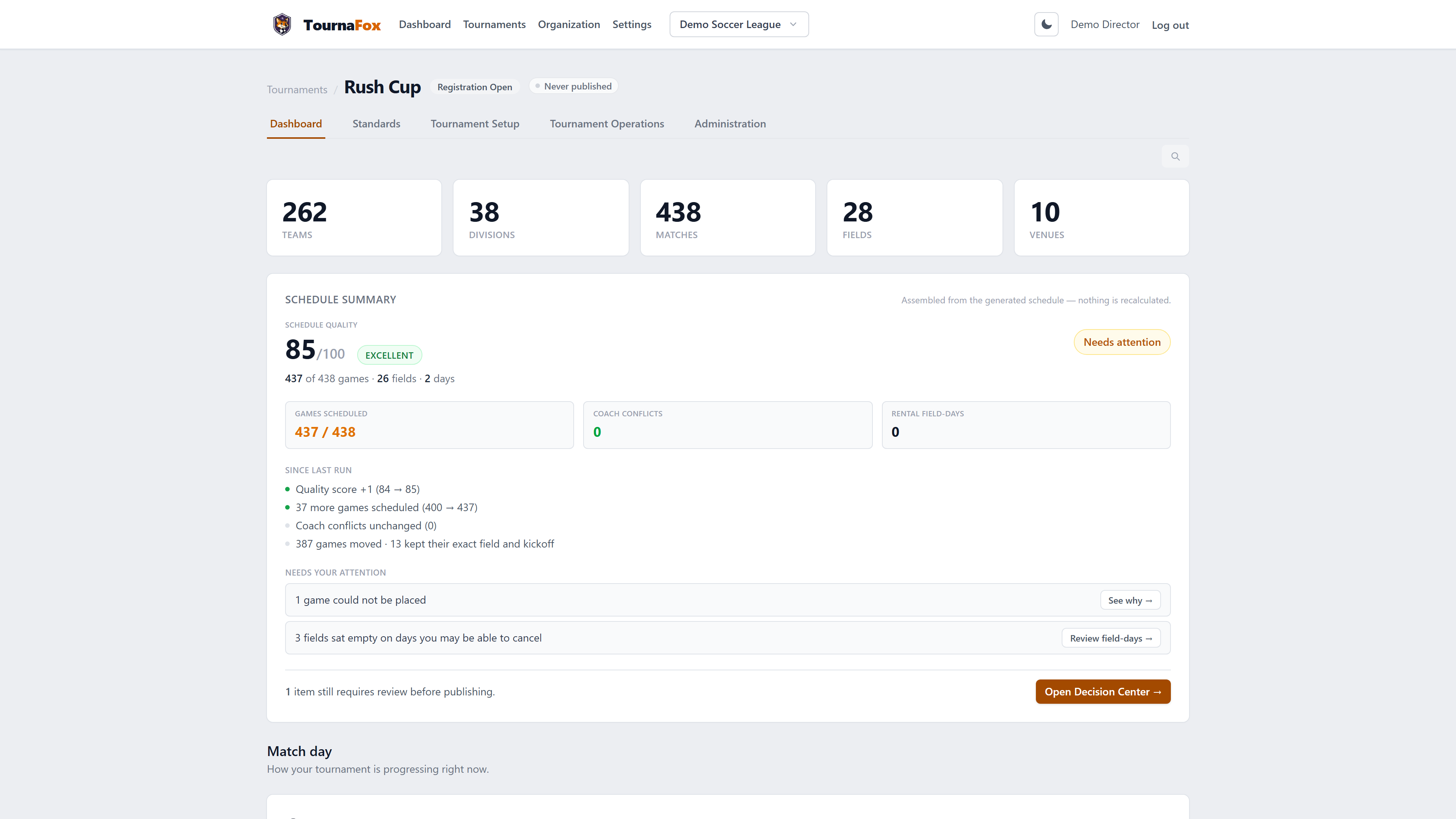 The TournaFox tournament dashboard: teams, divisions, matches, fields and venues at a glance above the schedule summary