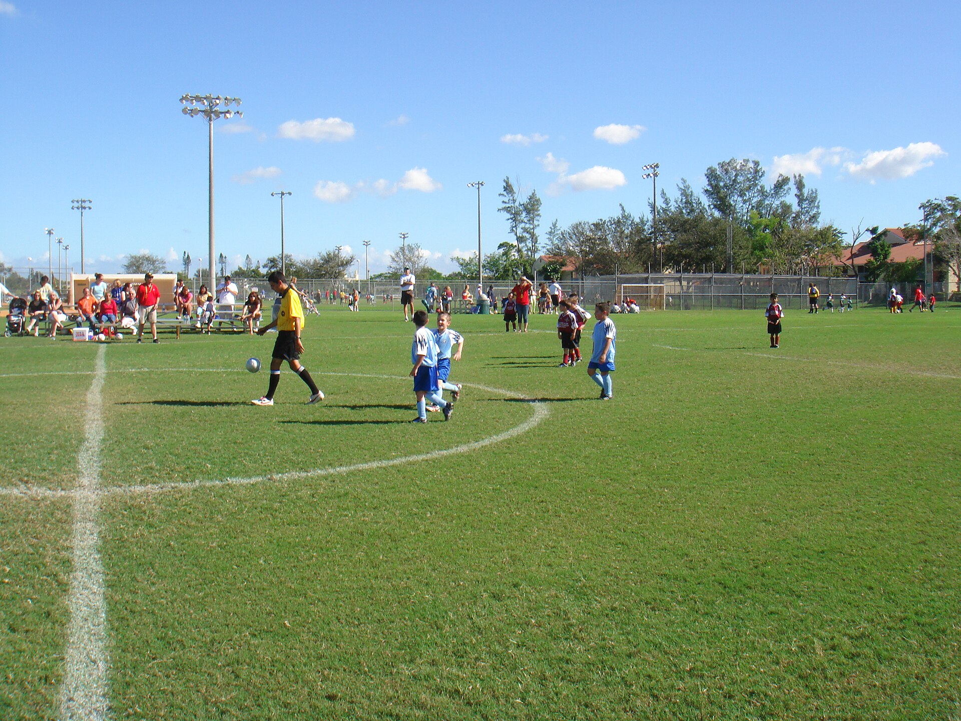 Several youth games under way at once across a multi-field grass complex