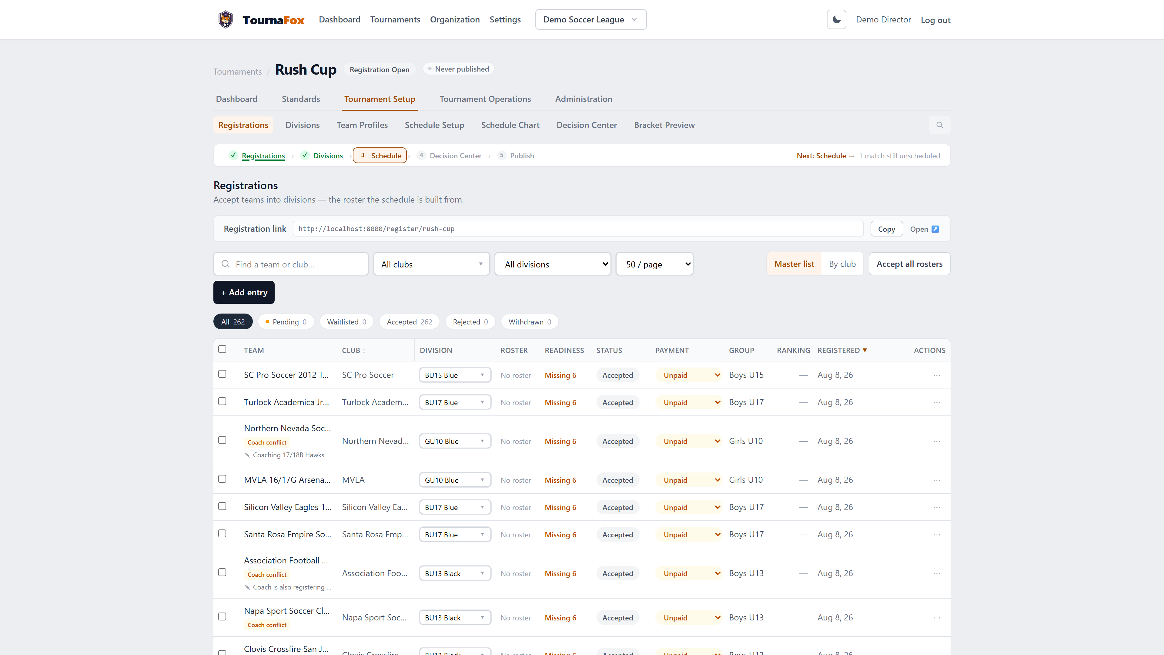 The TournaFox registrations desk: 262 accepted teams with clubs, divisions, readiness and payment status in one grid